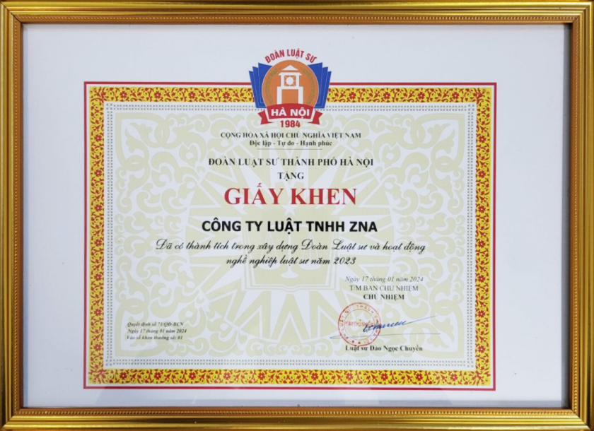 Bằng khen ZNA Law Company